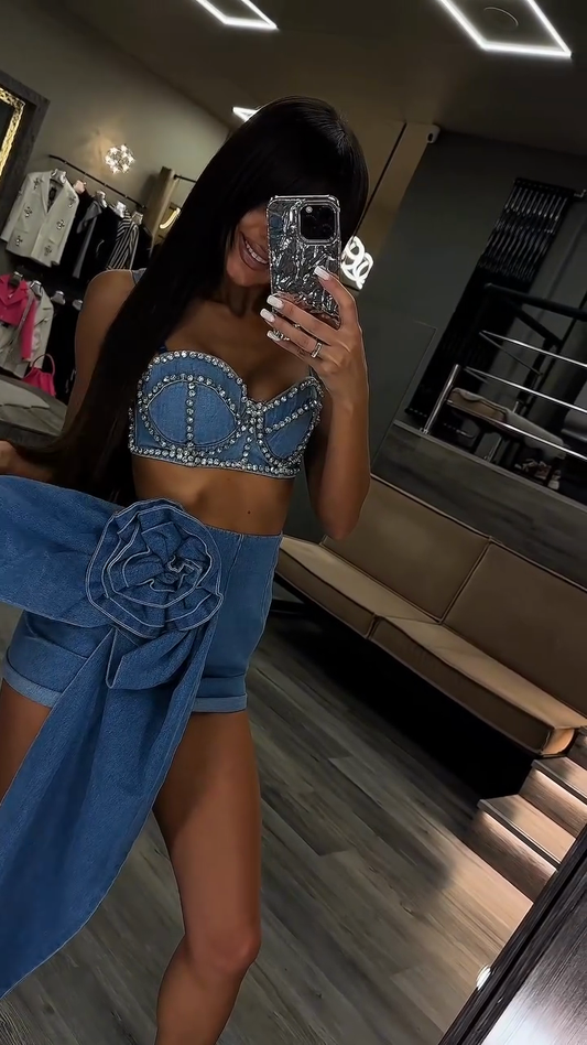 Off the shoulder Cropped Bustier With Rhinestones and Denim Shorts Set