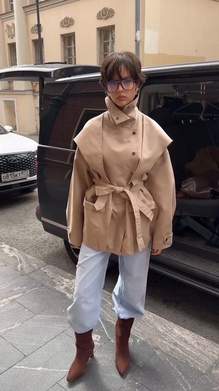 Beige Belted Trench Coat with Cape - like Overlay