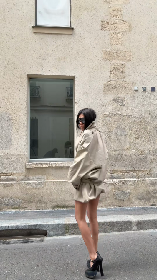 Beige Belted Oversized Jacket