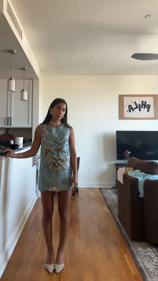 Light Blue Sleeveless Floral Embroidered Dress