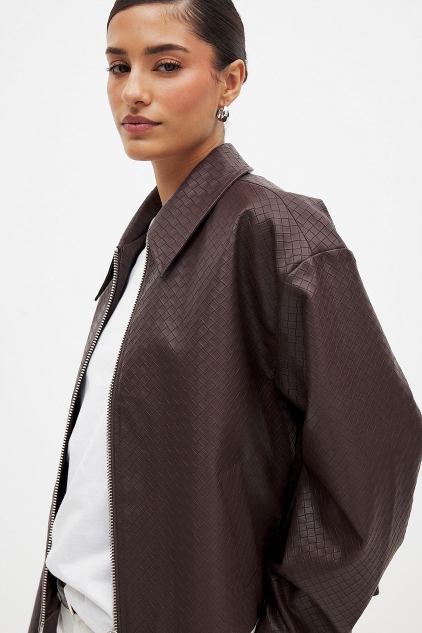 Brown Woven Faux Leather Jacket and Mini Skirt Set