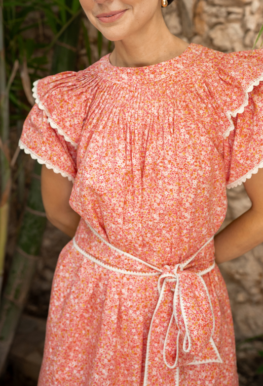 Coral Floral Ruffled Sleeve Mini Dress