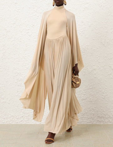 Beige Cape - Sleeve High - Neck Maxi Dress