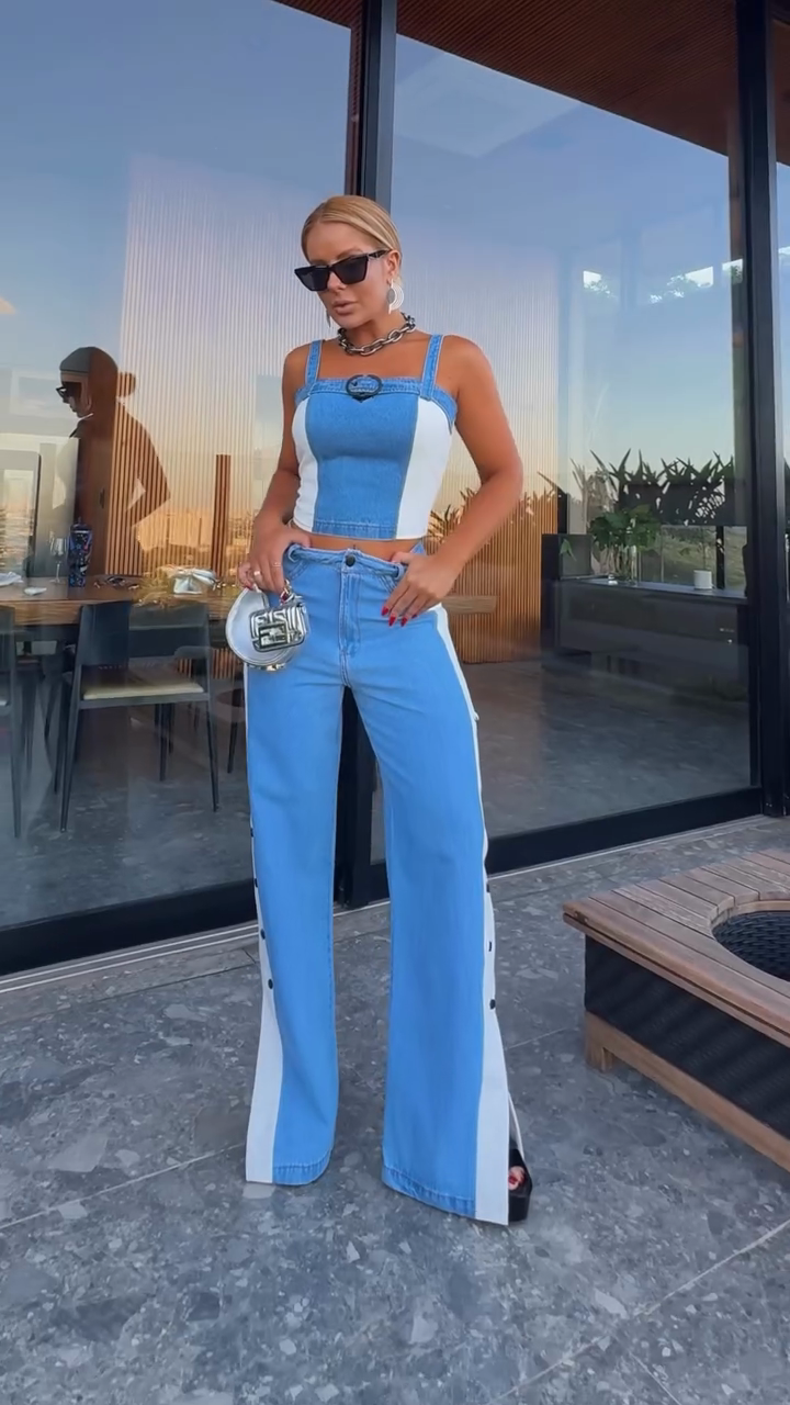 Color - Block Denim Set (Crop Top & Flared Jeans)