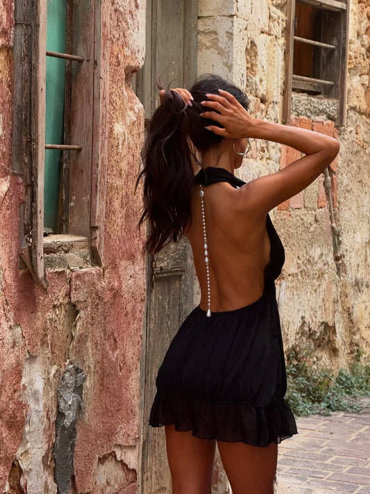 Black Halter Neck Deep V - Neck Mini Dress