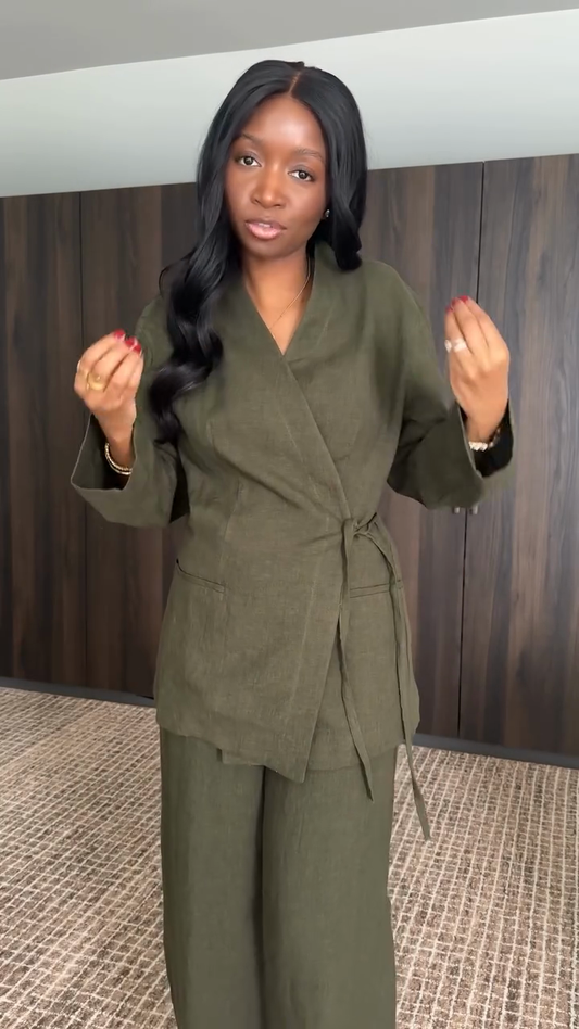 Olive Green Linen Wrap Blazer & Wide - Leg Pants Set