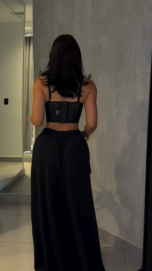 Black Lace Corset Top with Wide - leg Pants Set