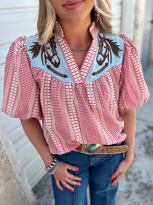 Western - Style Gingham Puff - Sleeve Top