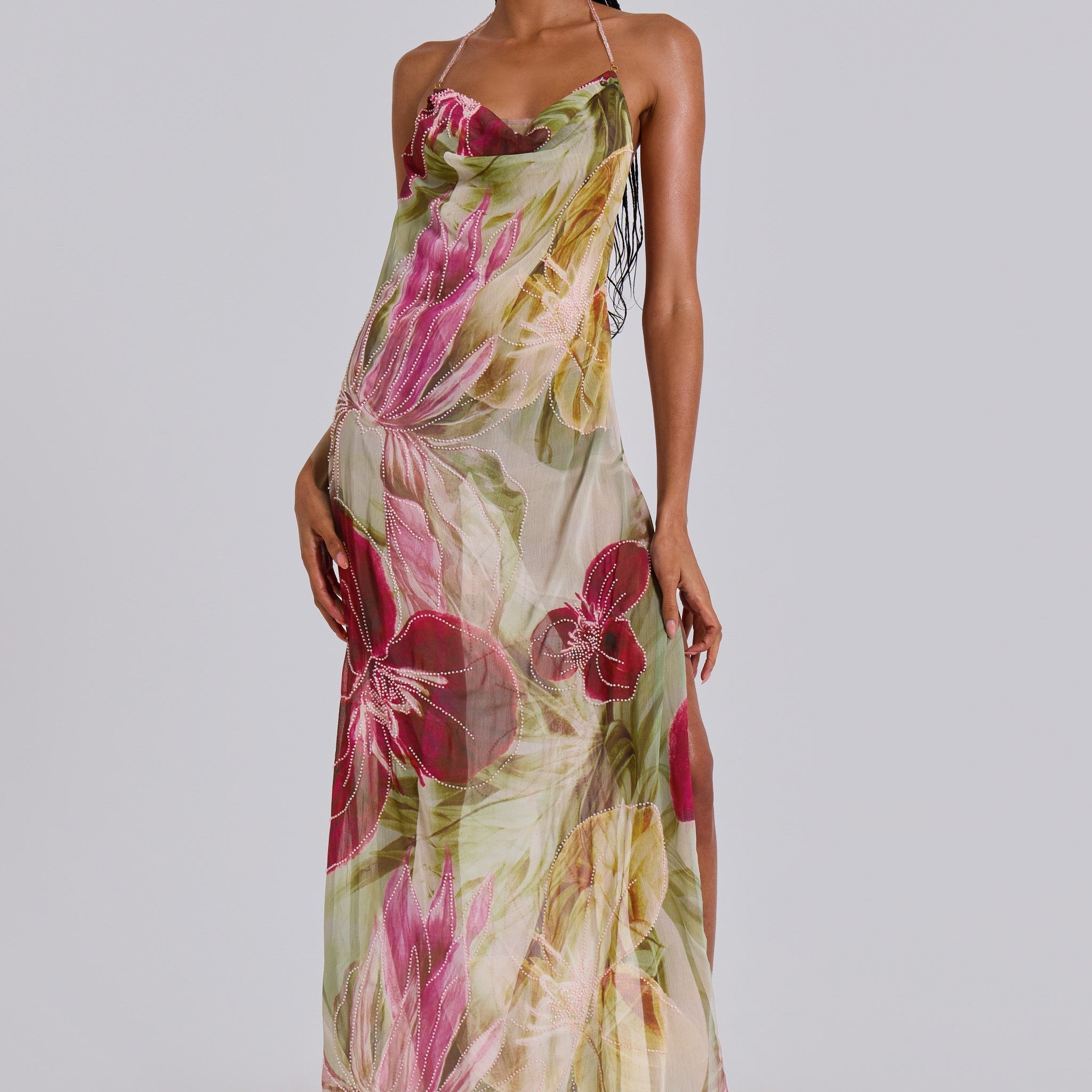 Floral Print Cowl - Neck Maxi Dress