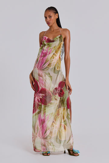 Floral Print Cowl - Neck Maxi Dress