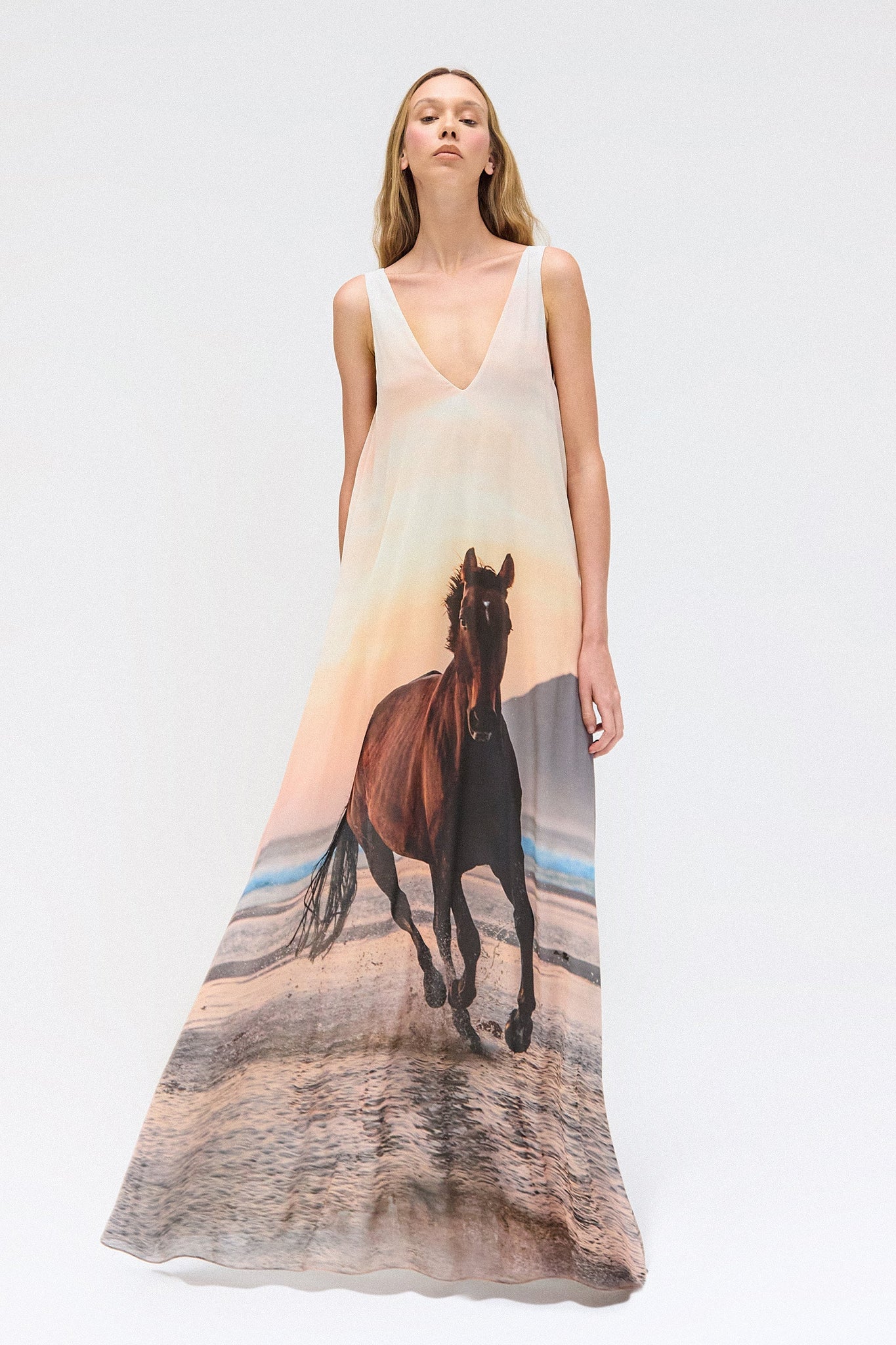 V - Neck Maxi Dress with Horse Print