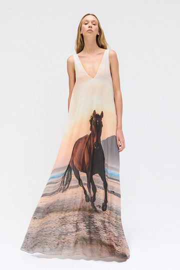V - Neck Maxi Dress with Horse Print