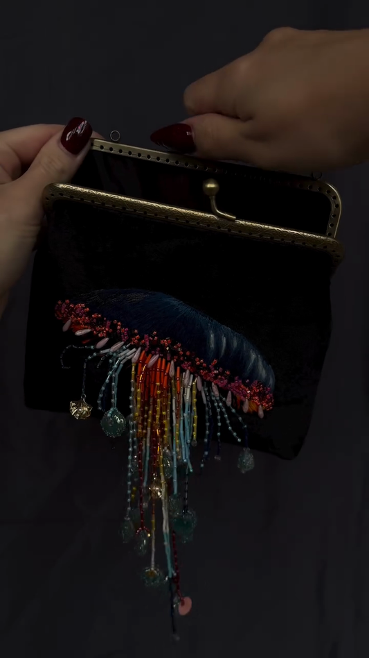 Black Velvet Clutch Bag with Jellyfish Embellishment
