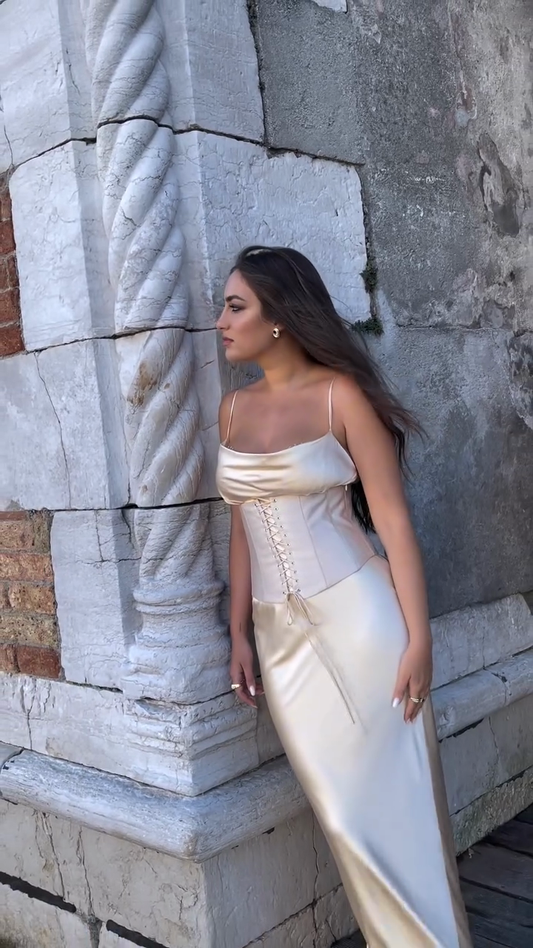 Ivory Satin Corset - Style Maxi Dress