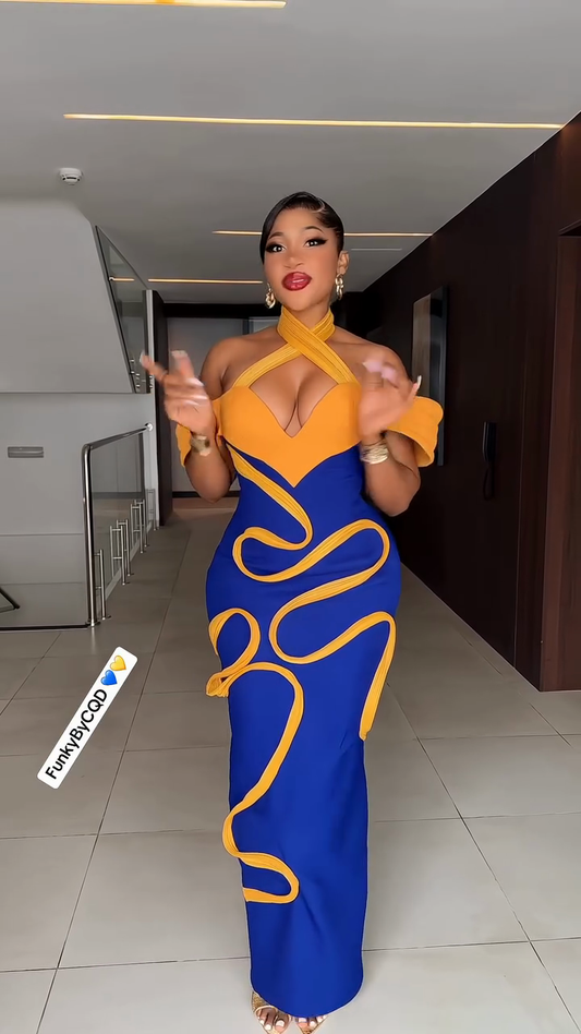 Blue and Yellow Halter Neck Maxi Dress