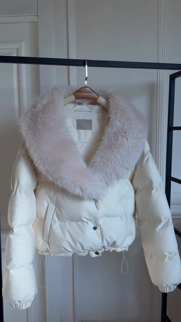White Puffer Jacket with Pink Fur Collar