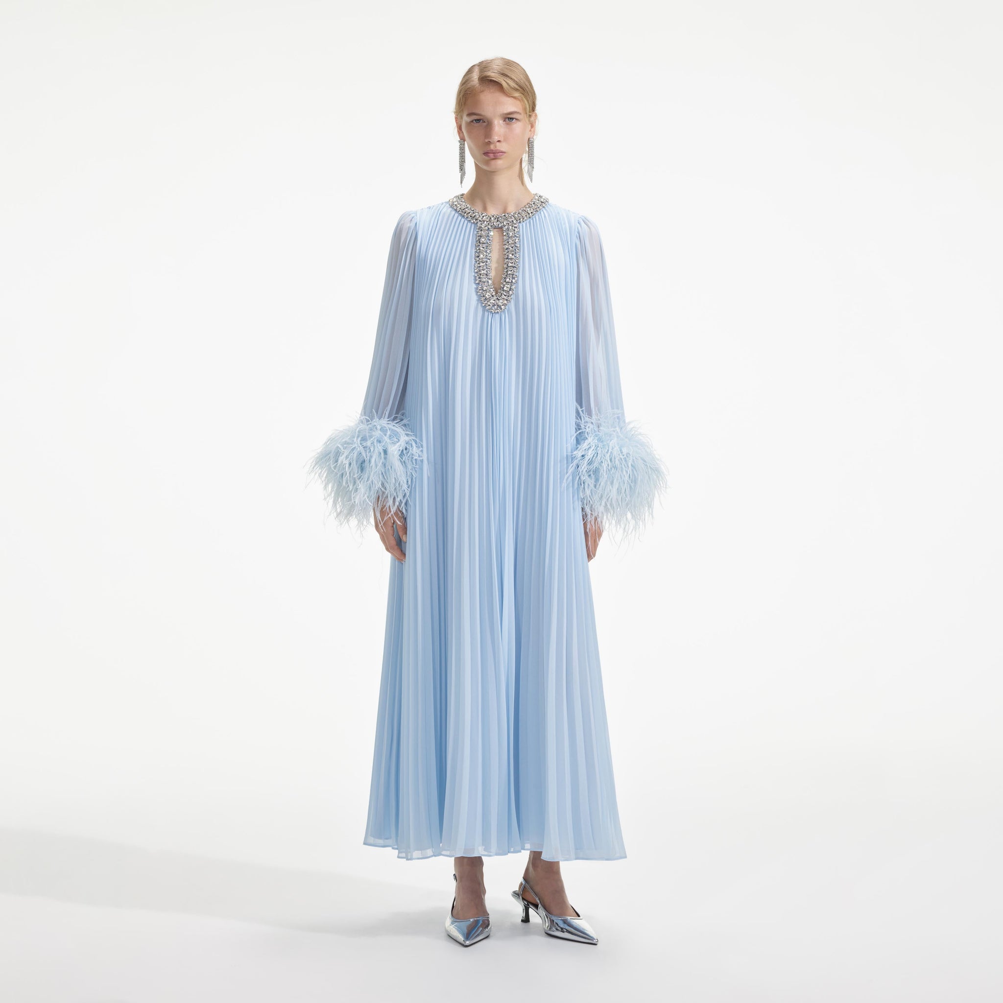 Light Blue Embellished Pleated Maxi Dress