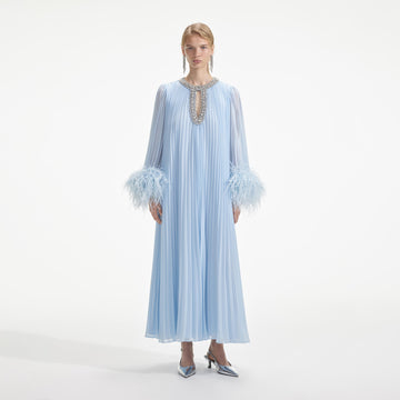 Light Blue Embellished Pleated Maxi Dress