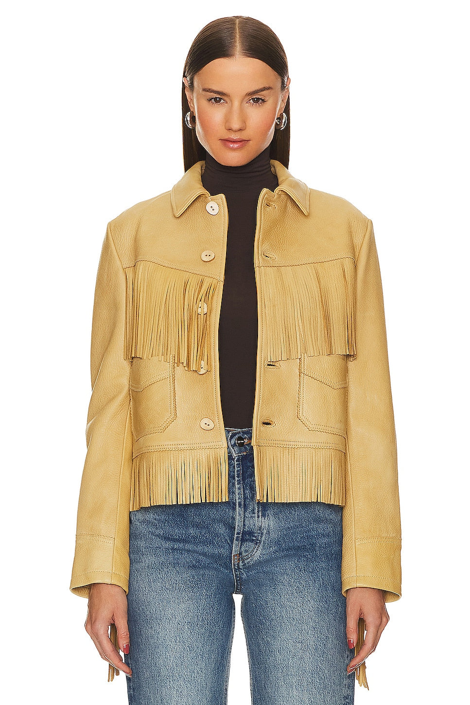 Light Yellow Fringe Leather Jacket