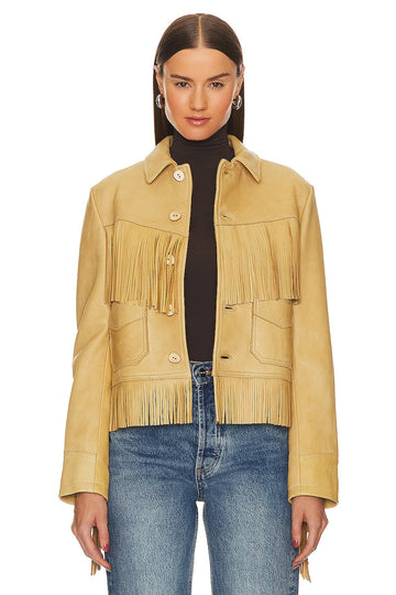 Light Yellow Fringe Leather Jacket