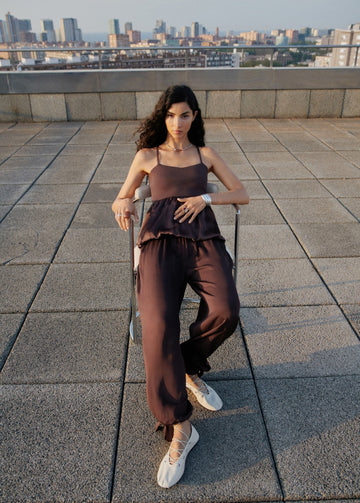 Brown Off - Shoulder Peplum Top and Pant Set