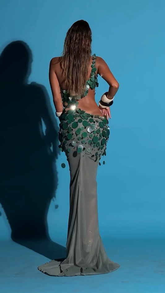 Green One - Shoulder Sequin and Disc Embellished Gown