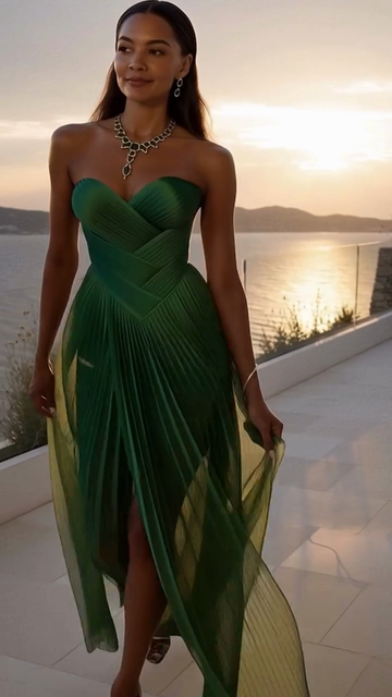 Green Strapless Pleated Maxi Dress