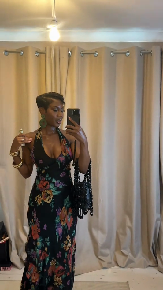Black Floral - Print Halter Maxi Dress