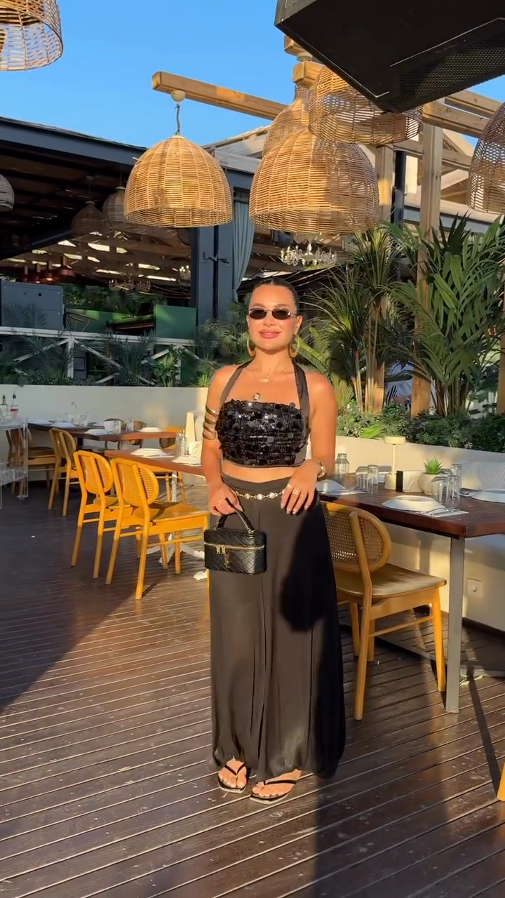 Black Sequin Halter Crop Top and Wide - Leg Skirt Set