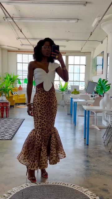 White One - Shoulder Crop Top and Leopard - Print Mermaid Skirt
