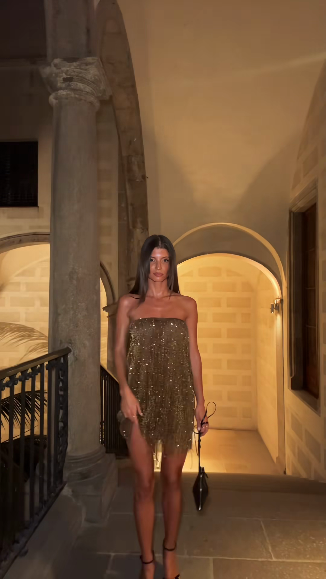 Gold Sequin Strapless Mini Dress