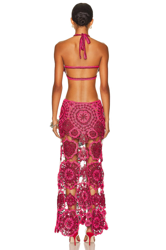 Hot Pink Crochet Halter Maxi Dress