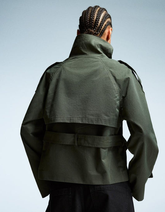 Olive Green Double - Breasted Cropped Trench Jacket