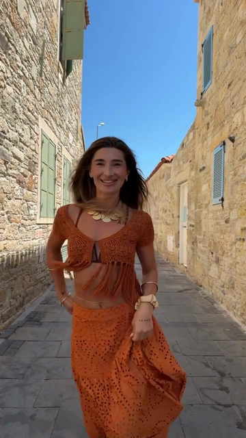 Orange Crochet Fringe Top & Eyelet Skirt Set