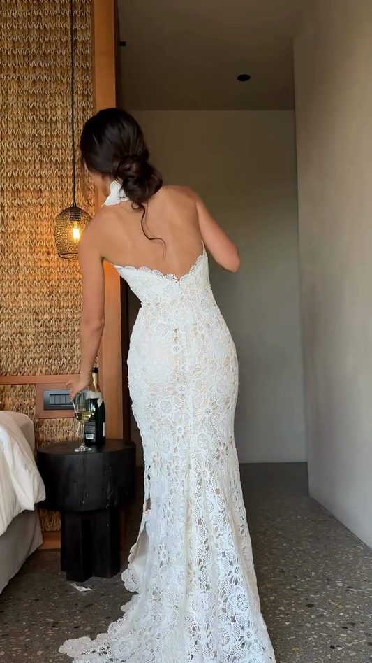 White Lace Halter - Neck Wedding Dress
