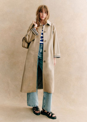 Beige Trench Coat with Checkered Cuff Detail