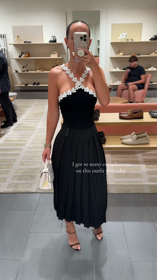 Black Halter - Neck Midi Dress with Floral Embellishments