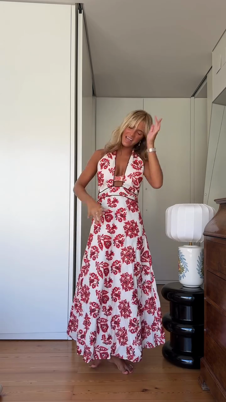Red and White Floral Halter Maxi Dress