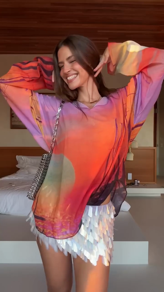 Color - Blocked Long - Sleeve Top and Sequin Mini Skirt Set