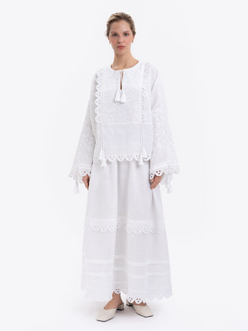 White Embroidered Linen Co - ord Set