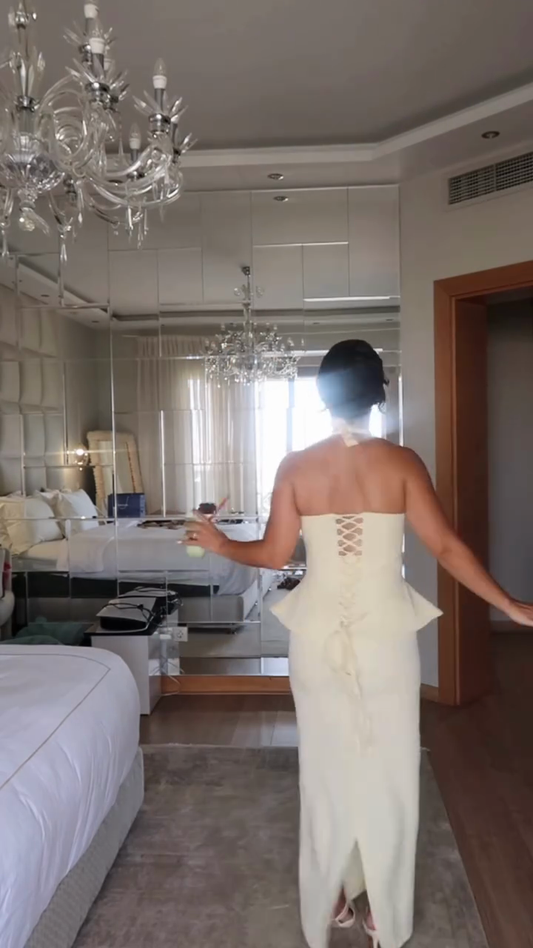 Ivory Halter Peplum Top and Maxi Skirt Set