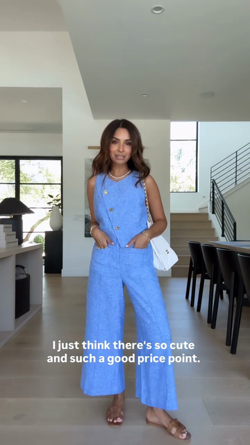 Blue Linen Sleeveless Vest and Wide - Leg Pants Set