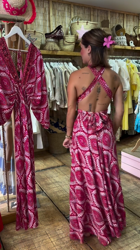 Boho - Chic Pink Patterned Halter Maxi Dress
