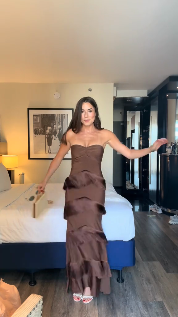 Brown Strapless Tiered Maxi Dress