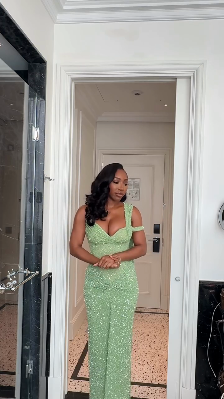 Light Green Sequin One - shoulder Maxi Dress