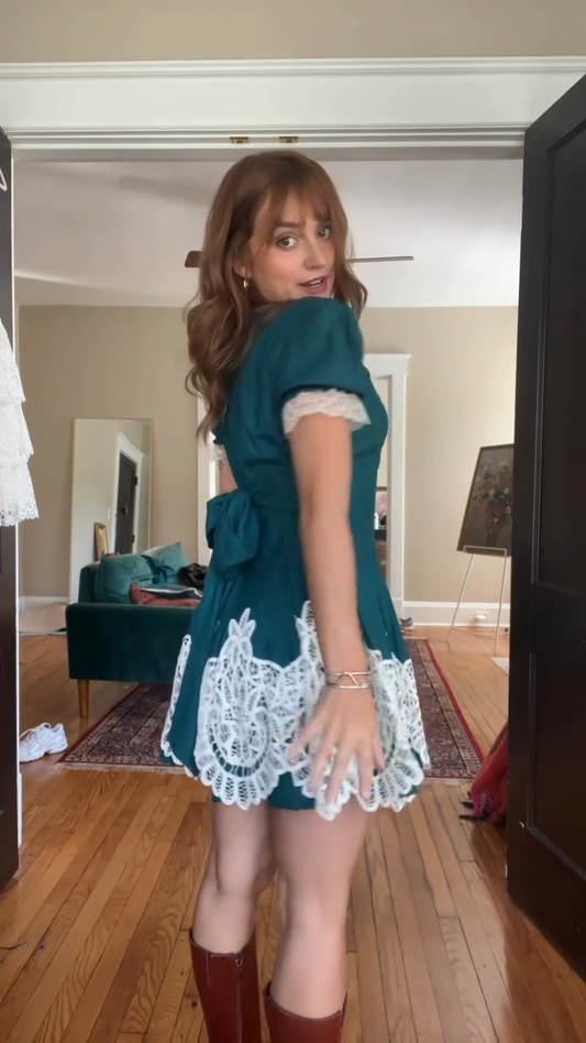 Lace - Trimmed Puff - Sleeve Mini Dress