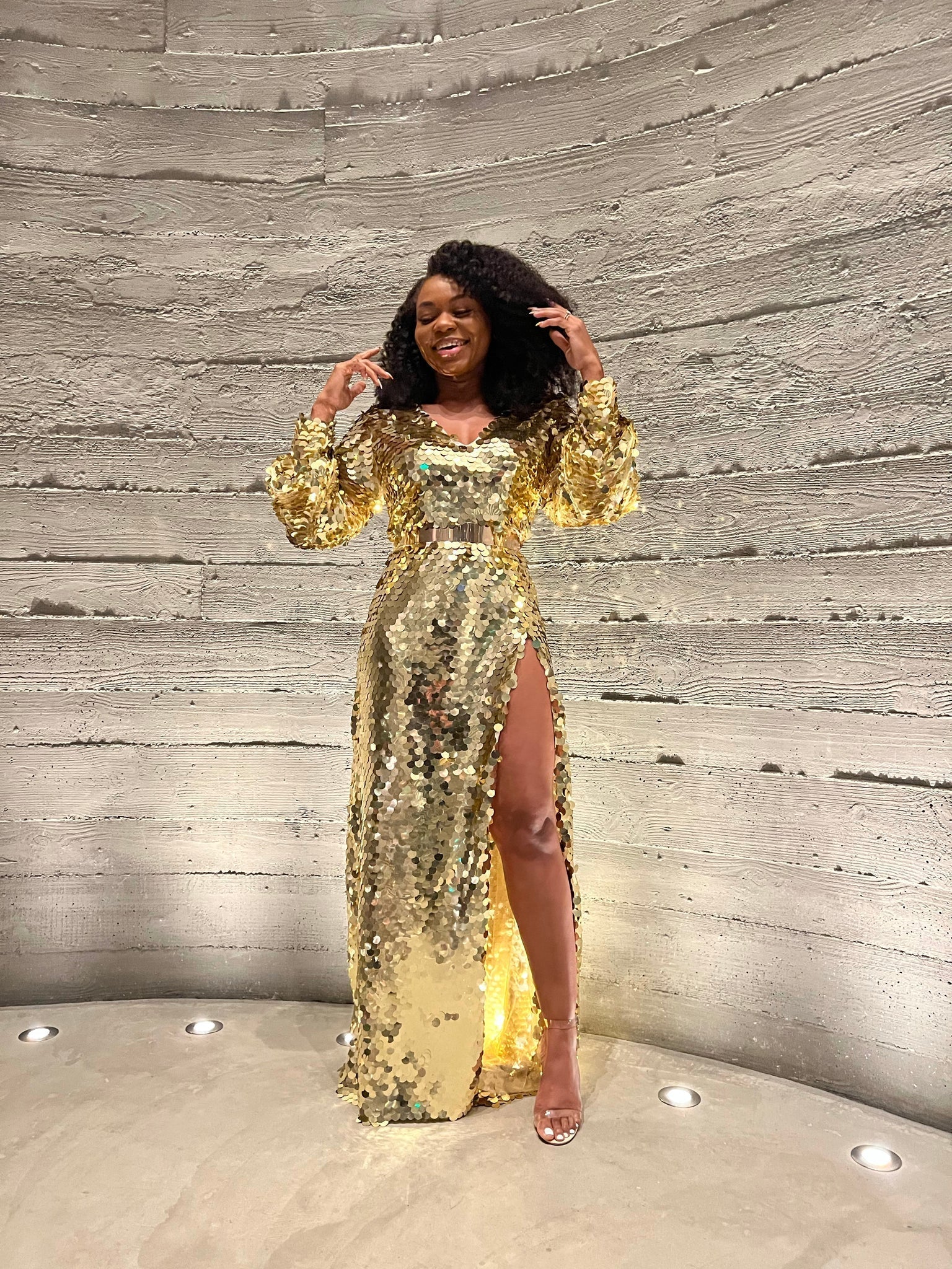 Gold Sequin Long - Sleeve Maxi Dress