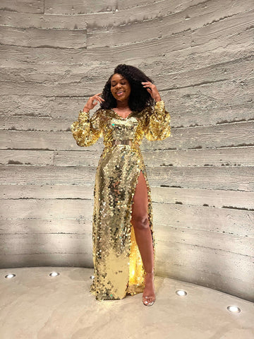 Gold Sequin Long - Sleeve Maxi Dress