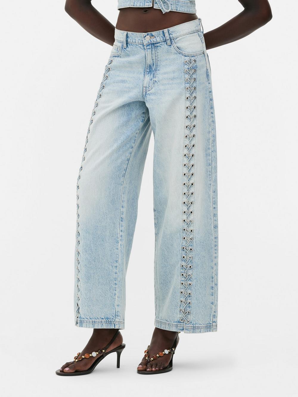 Light Blue Lace - Up Wide - Leg Denim Jeans
