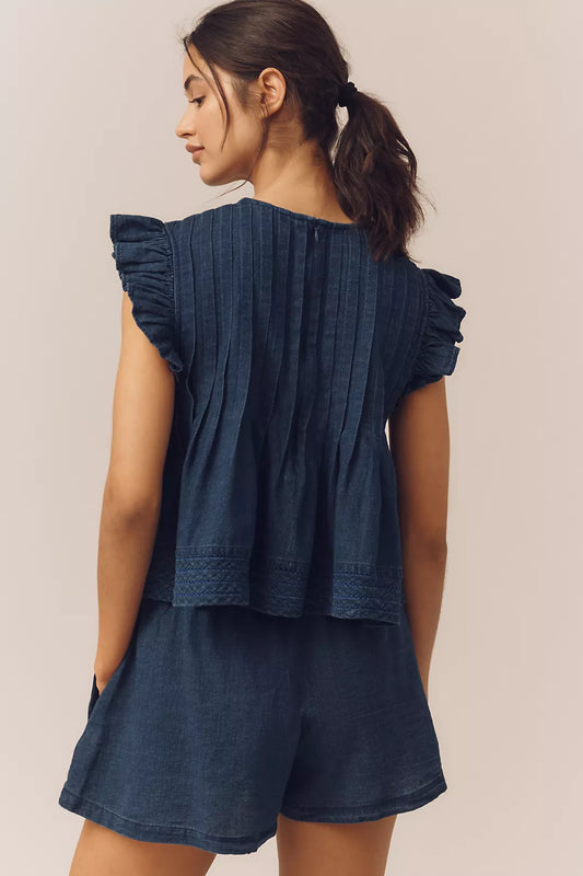 Denim Ruffled Top and Shorts Set